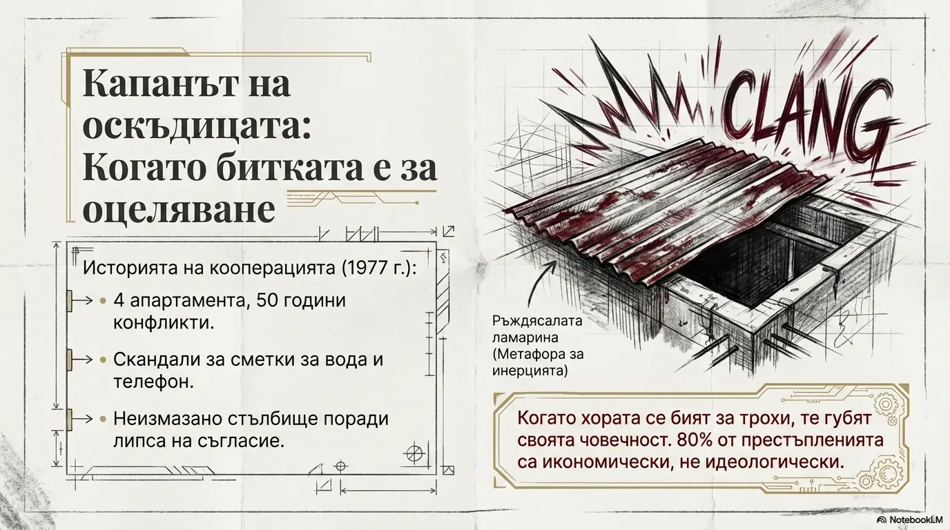 Инфографика за ‘Капанът на оскъдицата’ с ръждясала ламарина над шахта и текст за икономически конфликти