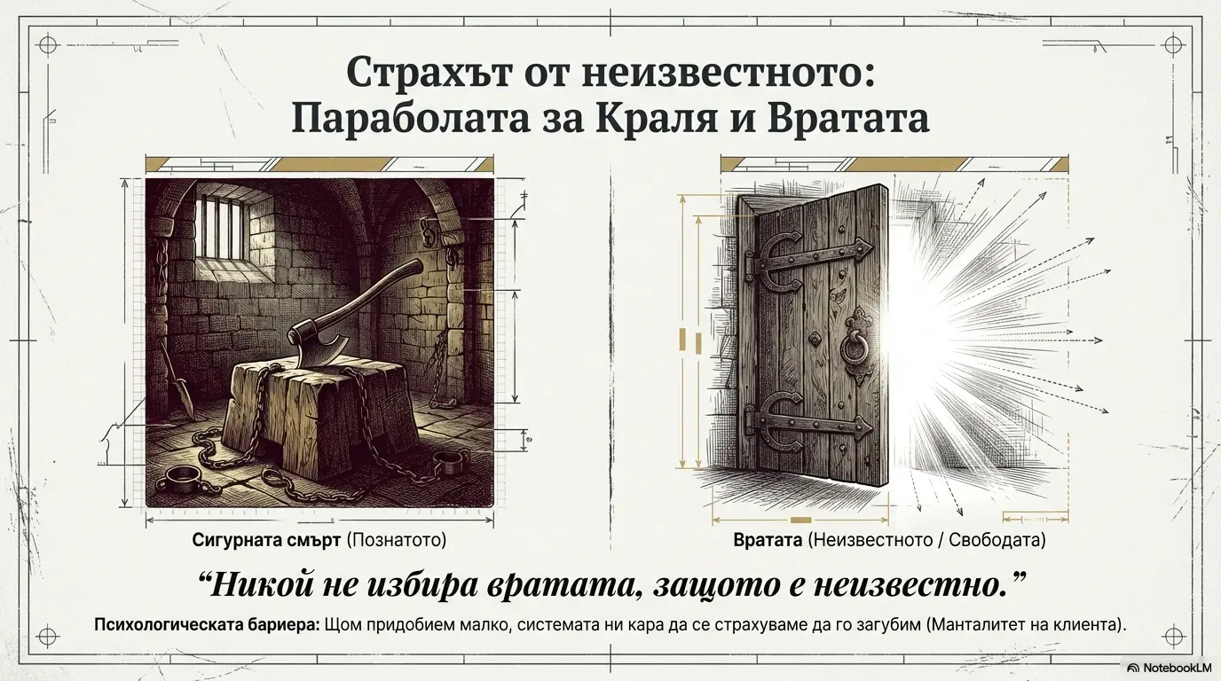 Илюстрация на тъмна килия с палачески пън и отворена врата с ярка светлина, символ на избора между познатото и свободата