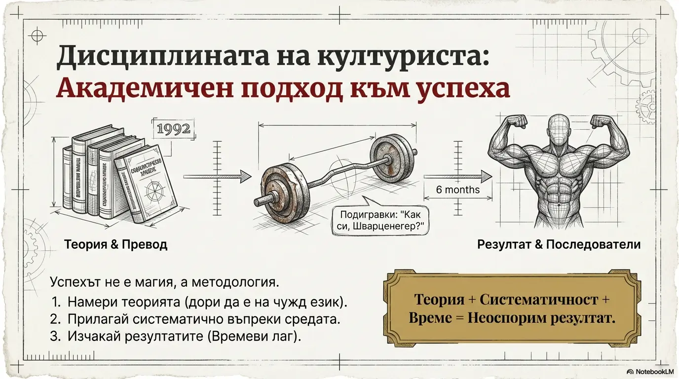 Инфографика за дисциплината на културиста – книги, щанга и мускулеста фигура като път от теория към резултат