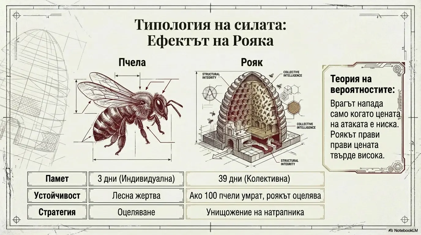 Инфографика за ‘Ефектът на рояка’ с пчела и кошер, сравняваща индивидуална и колективна сила и устойчивост