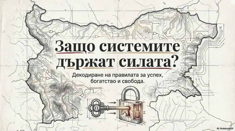 Илюстрация на карта на България, изобразена като електронна схема, с надпис ‘Защо системите държат силата? Декодиране на правилата за успех, богатство и свобода’ и символи на ключ и катинар, олицетворяващи системите, контрола и достъпа до ресурси