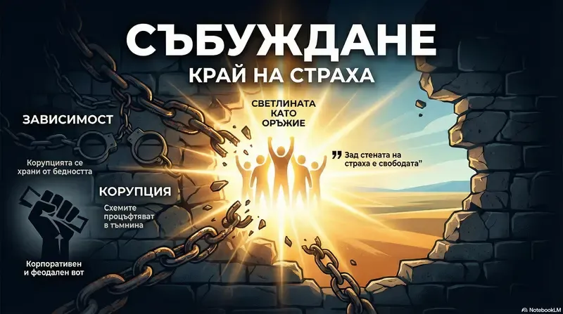 Илюстрация с надпис „Събуждане — край на страха“, показваща хора, които разбиват вериги и стена, разделяща тъмна зона със зависимости и корупция от светла зона със свобода и надежда, със силен лъч светлина в центъра