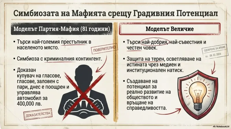 Инфографика със заглавие „Симбиозата на Мафията срещу Градивния Потенциал“, сравняваща два модела: „Партия-Мафия“ (търси престъпници, симбиоза с криминален контингент, купуване на гласове) срещу „Моделът Величие“ (търси честни хора, защита на истината, развитие на обществото), с визуални символи – зачеркната фигура и щит с крушка.