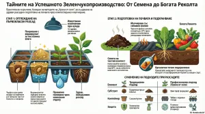 Инфографика за отглеждане на зеленчуков разсад – от семена до богата реколта, с етапи и сравнение на методи